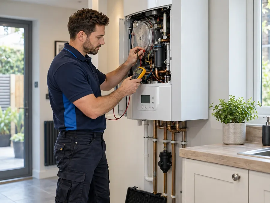 Gas engineer checking a wall-hung boiler's internals with a multimeter