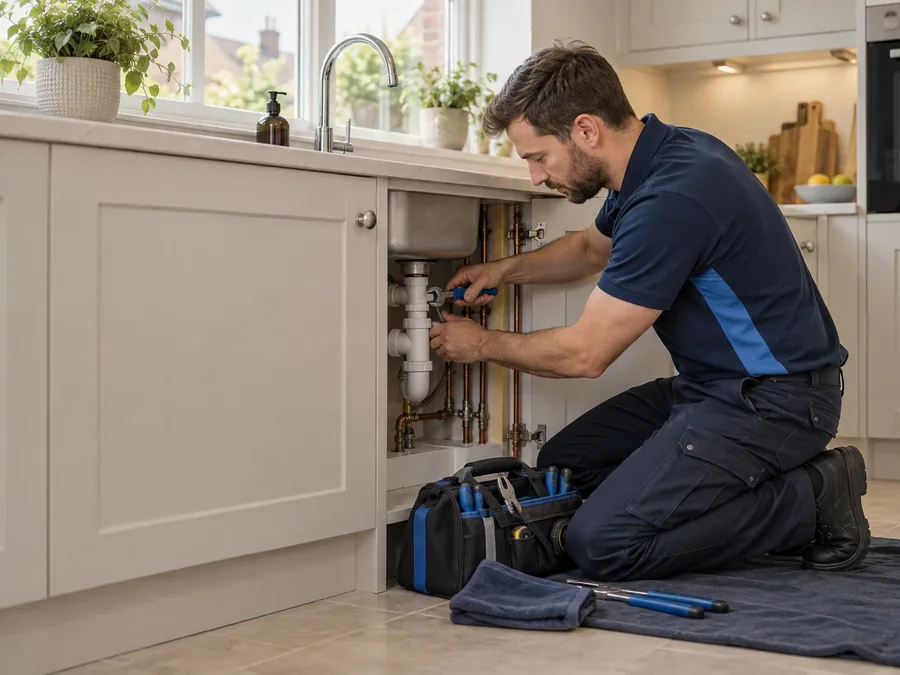 Plumber fixing the waste pipe beneath a kitchen sink, tools and a floor mat spread out to protect the kitchen