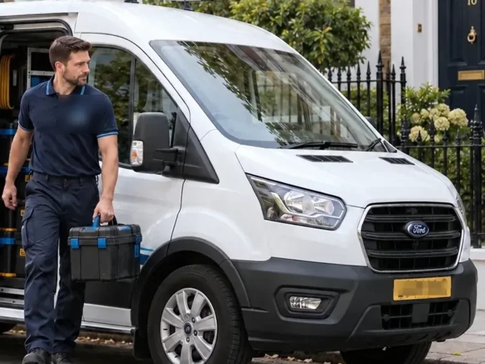 Engineer with a tool case walking up to a front door, the Benni Emergency Plumbers van parked on the London street behind